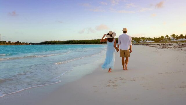 A loving couple on holidays walks down hand in hand a tropical beach during sunset time with copy space