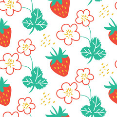 Strawberry and Flower Pattern With Vibrant Colors on a White Background