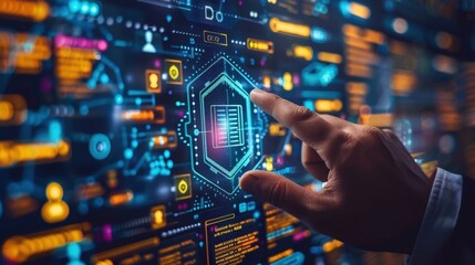 Secure Access in Cyber Security With a Hand Pointing at a Virtual Protection Shield on a Digital Interface