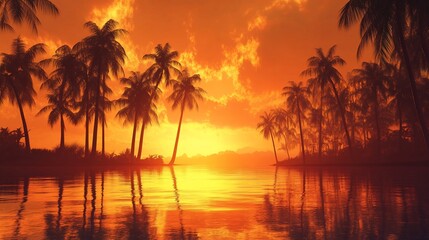 Obraz premium Golden Hour Serenity: Palm Trees Reflecting in Calm Tropical Waters