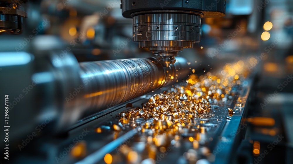 Poster high-speed cnc machine operates on a metal rod, creating intricate parts. golden metal shavings accu