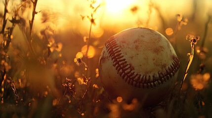 Baseball at sunset in tall grass