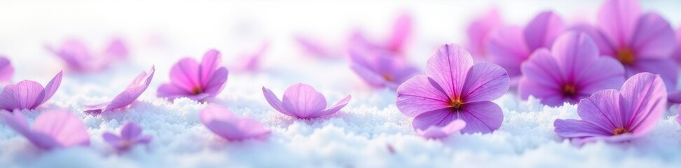Fototapeta premium Purple flower petals scattered on a snowy white background, delicate,