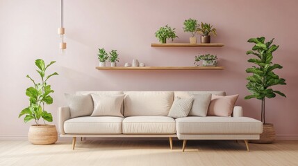 Cozy Living Room with Modern Sofa and Indoor Plants on Shelves