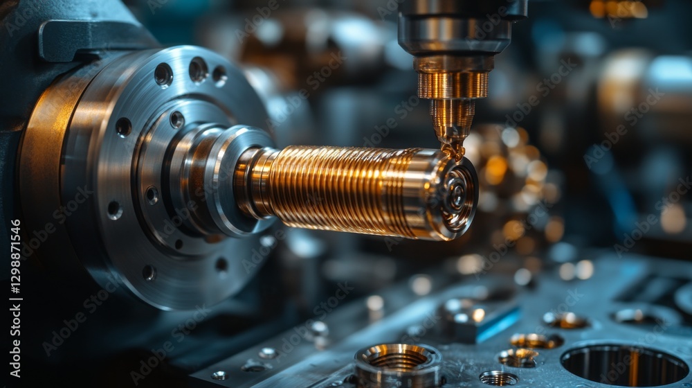 Poster intricate machining is taking place in a bustling manufacturing facility. advanced machinery shapes 