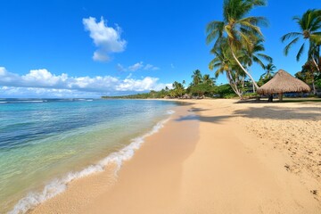 Obraz premium A peaceful golden beach at sunset, with gentle waves washing over soft sand