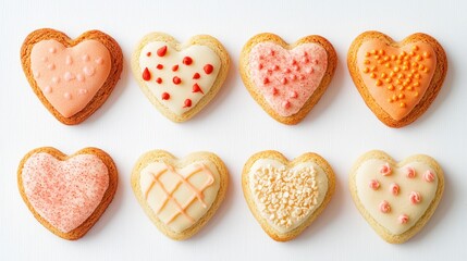 Fototapeta premium Isolated heart-shaped cookies, white background, soft texture, baked goods collection
