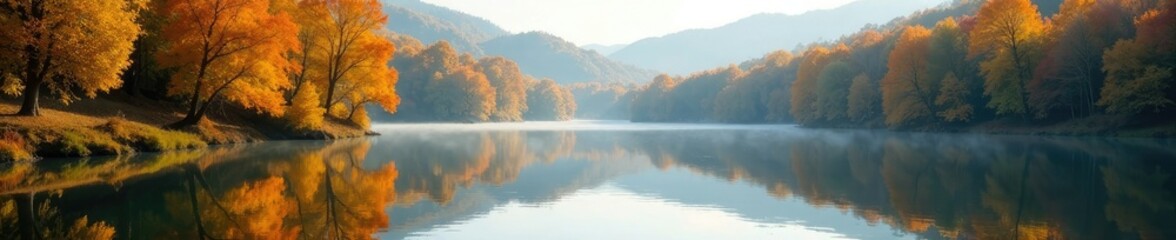 Fototapeta premium Serene lake on autumn morning with golden leaves reflected in its calm waters, golden leaves, foliage, reflections