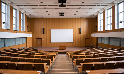 An empty university lecture hall with tiered seating a large whiteboard at the front