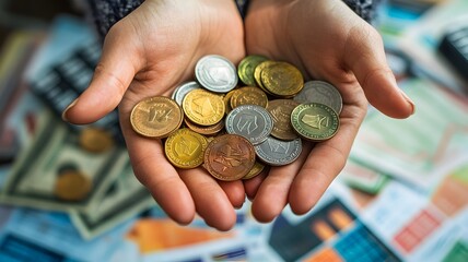 A closeup view of a person gripping a handful of various coins in their open palm