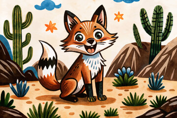 Fototapeta premium funny fox in desert landscape abstract cartoon illustration