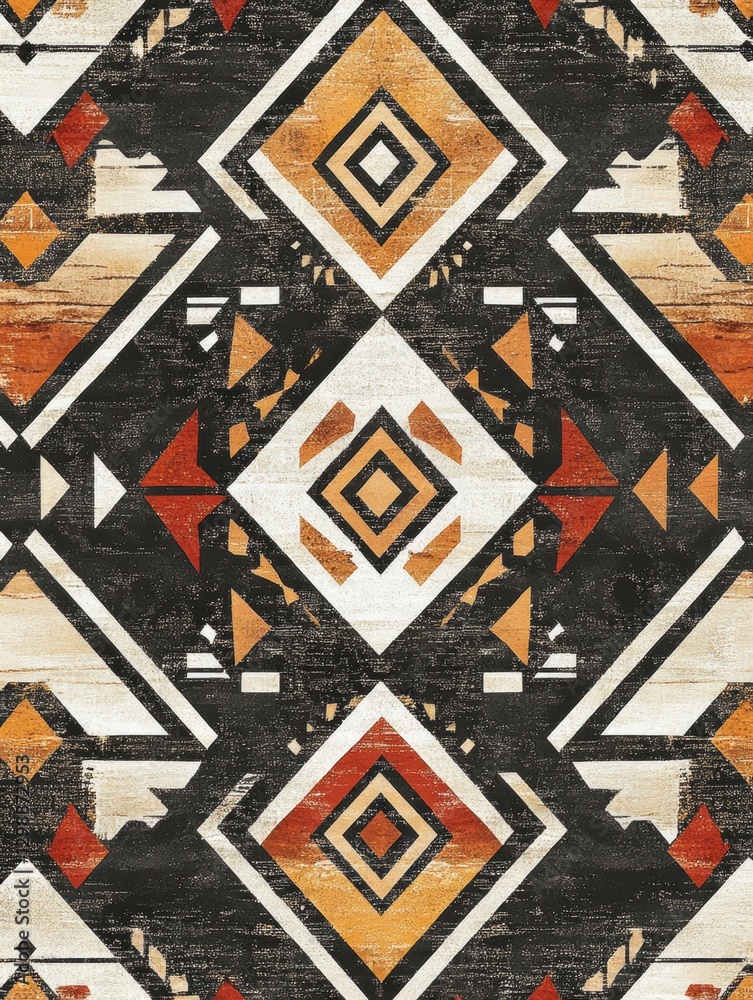 Poster Textile design featuring geometric patterns in earthy tones and contrasting colors with a textured background. Generative AI