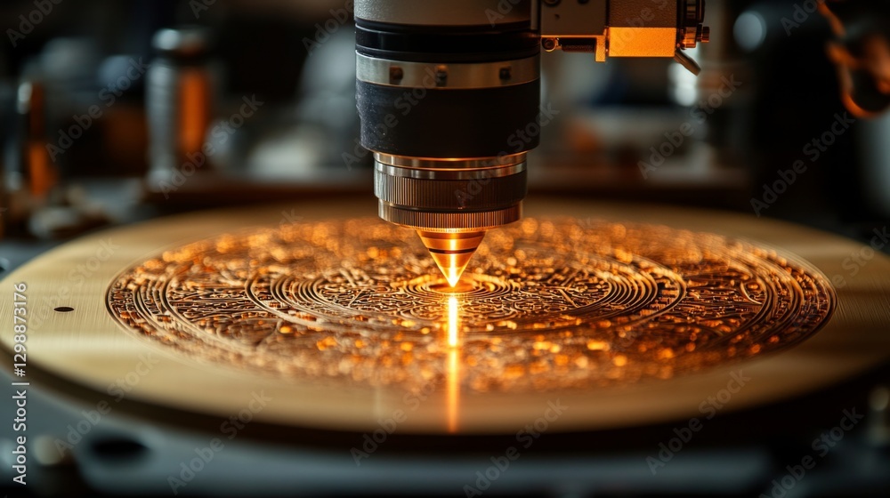 Poster intricate designs are being laser engraved on a wooden surface in a high-tech manufacturing facility