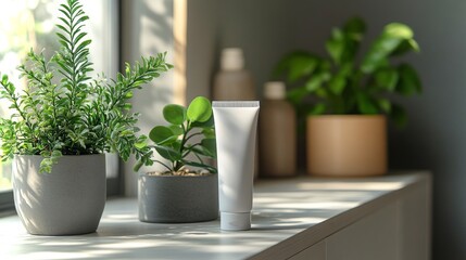 Modern minimalist nursery featuring a white tube and indoor plants in serene daylight