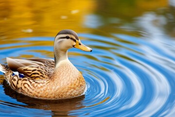A peaceful morning lake with a single duck gliding across, leaving a V-shaped ripple