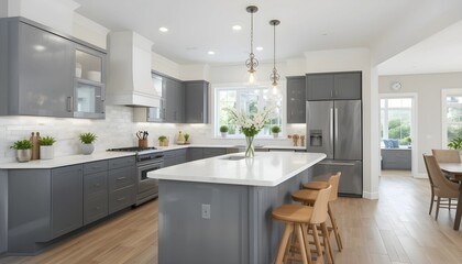 Fototapeta premium Modern Kitchen with White Countertops and Dark Gray Cabinets