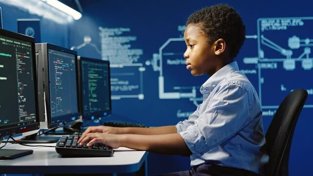 A young African American boy in a professional tech lab writes code on multiple monitors. Concept of early STEM education, future programming skills, and digital innovation. - Powered by Adobe