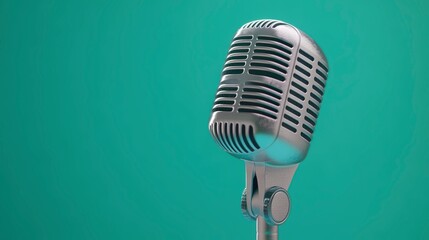 Vintage Silver Microphone On Teal Backgrounds