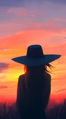 Woman wide-brim hat sunset glow