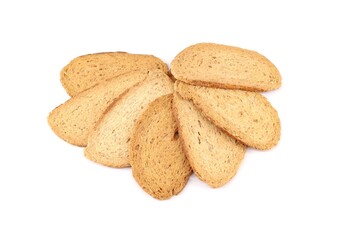 Crunchy thin baguette croutons on white background .
