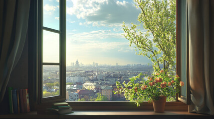 Fototapeta premium Skyline window view scenery landscape interior inspiration backdrop wallpaper