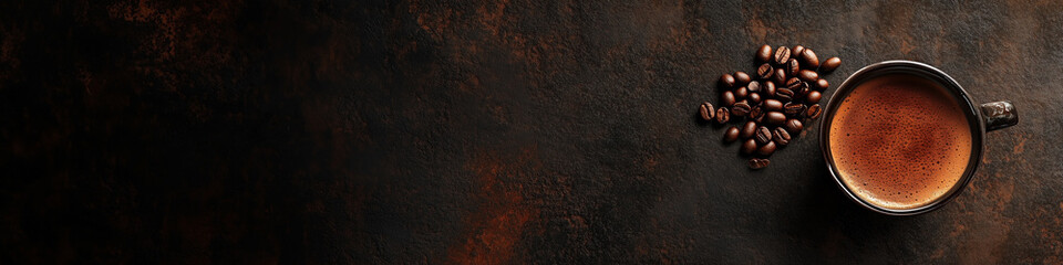 Top view of an expresso with coffee beans on a dark background with copy space