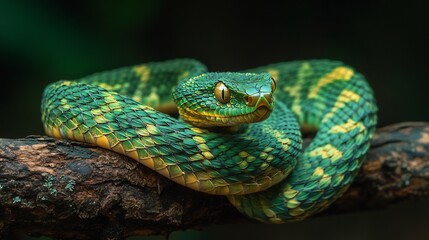 Fototapeta premium Venomous Bush Viper coiled on a tree branch its rough textured scales forming an intricate mosaic of green and gold piercing eyes glowing in the dim light