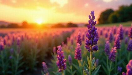 Fototapeta premium Softly glowing lavender in a lush meadow at sunset, orange, blossoms
