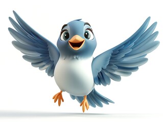 Cheerful blue cartoon bird soaring in white space digital art fun