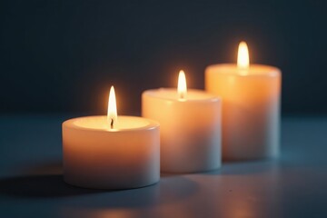 Softly glowing three white candles illuminate a serene atmosphere, candles, glow, light