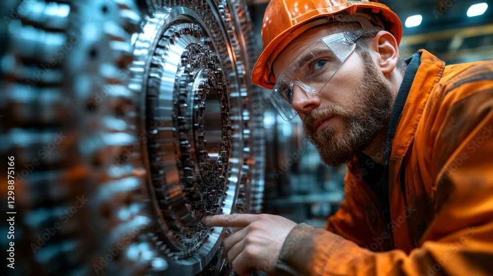 Poster A technician in an orange work uniform and helmet inspects machinery components closely in a factory setting. The focus is on ensuring equipment is functioning properly for safety and efficiency.