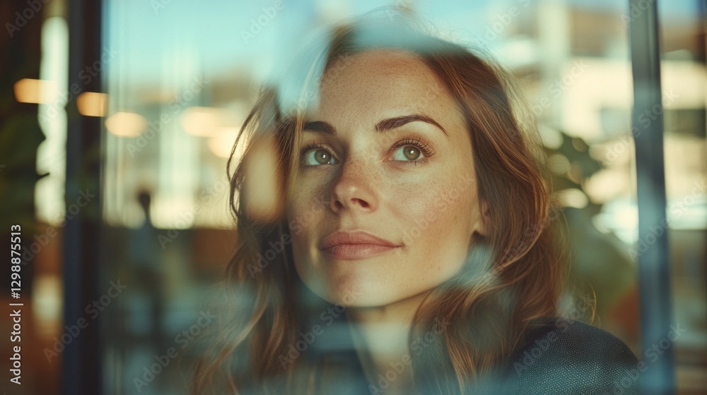 Poster a woman gazes thoughtfully through a glass window in a cozy cafe, sunlight illuminating her features