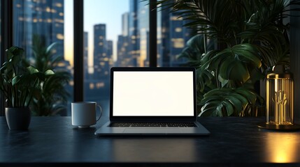 Fototapeta premium Modern Laptop Workspace City View