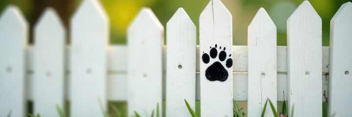 White fence with black kitten's paw print on it, kitten, paws, furry