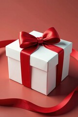 Obraz premium White gift box wrapped in a long red ribbon with a bow tie, bow tie, present