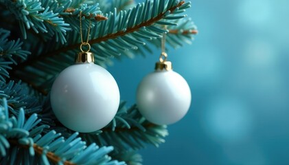 White glass ornaments hanging from a string on a blue and green fir tree branch, glass, blue, string