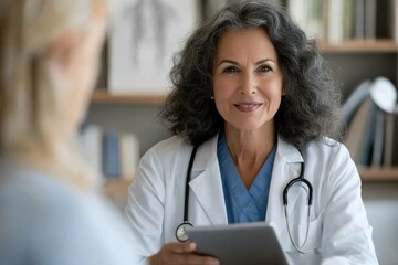 A friendly doctor in a white coat with a stethoscope, smiling at the patient while holding a tablet, evoking feelings of trust and care in a healthcare setting.