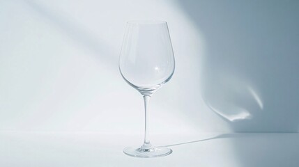 Fototapeta premium Minimalist Empty Wine Glass with a Slender Stem, Casting a Soft Shadow on a White and Blue Background