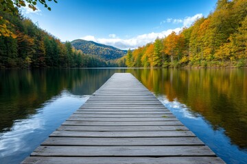 A peaceful wooden dock extending into a calm river, perfect for fishing