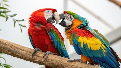 Obraz premium Affectionate scarlet macaws with a loving mood, interacting closely on a branch in a natural habitat