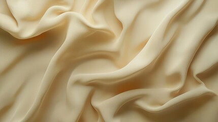 Fototapeta premium Soft cream fabric drapes gently, showcasing luxurious texture and fluid movement under soft lighting in a close-up view