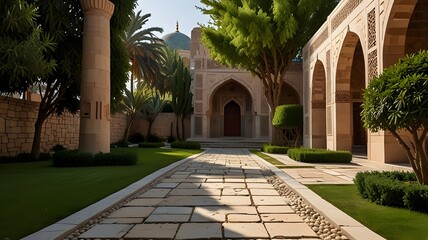 Fototapeta premium A traditional stone path leading through a peaceful garden to a mosque