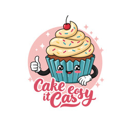 Cheerful Cupcake with Sprinkles and Cherry - Fun 'Cake It Easy' Cartoon Illustration
