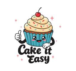 Cheerful Cupcake with Sprinkles and Cherry - Fun 'Cake It Easy' Cartoon Illustration