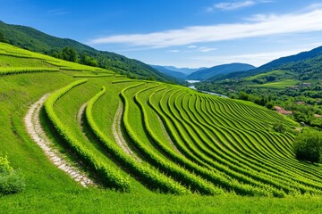 Fototapeta premium A scenic vineyard growing on terraced hills, overlooking a peaceful river valley