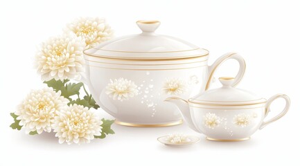 Delicate Porcelain Tea Set with White Chrysanthemums Artistic Still Life Elegant Tableware