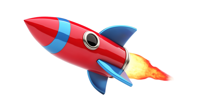 Red cartoon rocket vector flies isolated in space