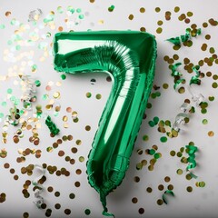 Green balloon number 7 for seventh birthday or anniversary party. White background with confetti