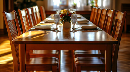 Formal dining table set for many in a room with sunlight