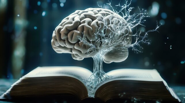 A brain with crystal-clear roots growing into an open book, symbolizing the nourishment of knowledge and lifelong learning.